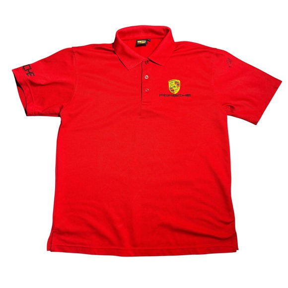 Porsche Stuttgart Crest Polo Shirt Mens XL Red Embroidered Short Sleeve Pique